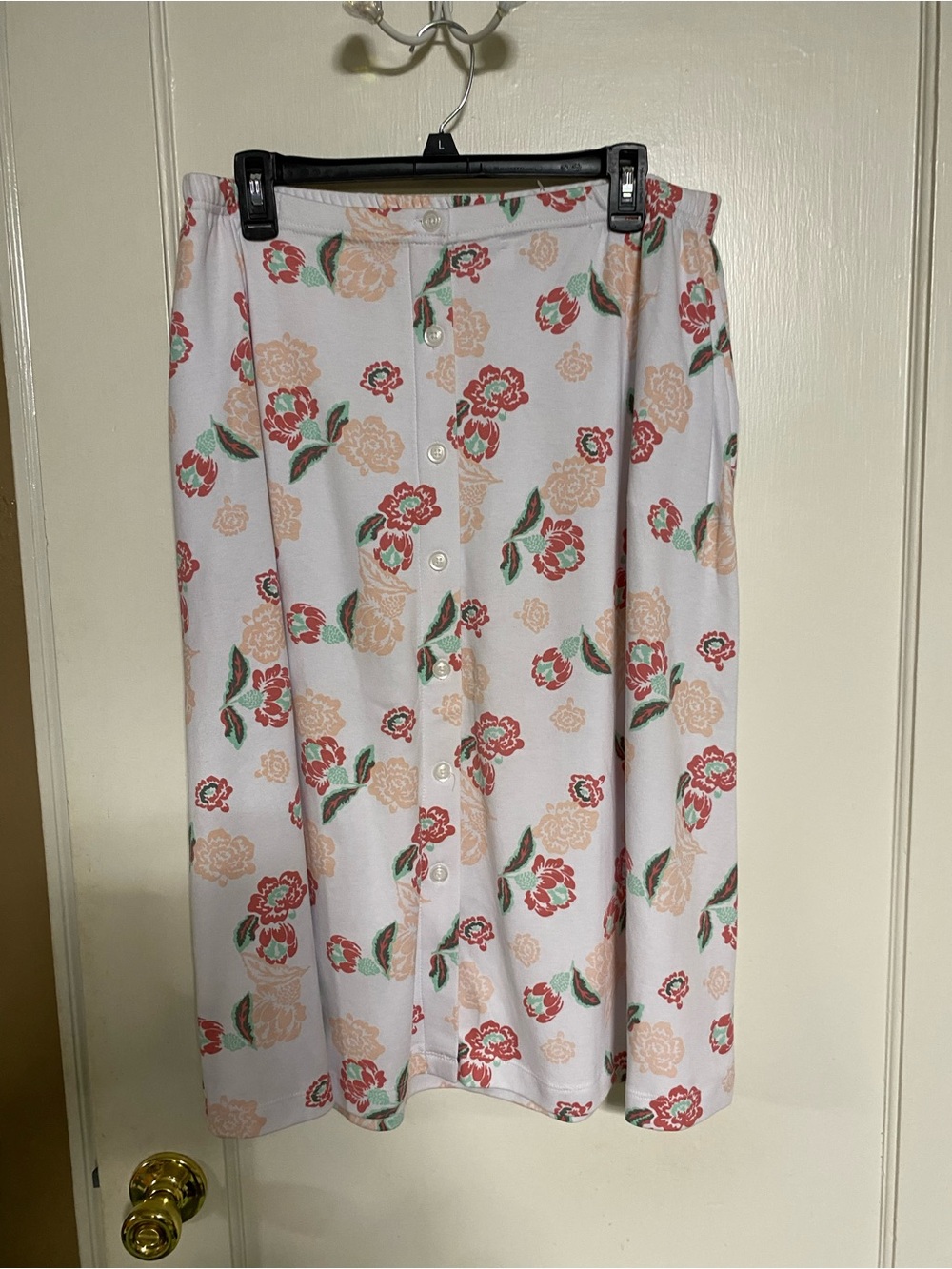 Ultra Softs Button-Front Floral Midi Skirt - White with Pink & Peach Blossoms,PL